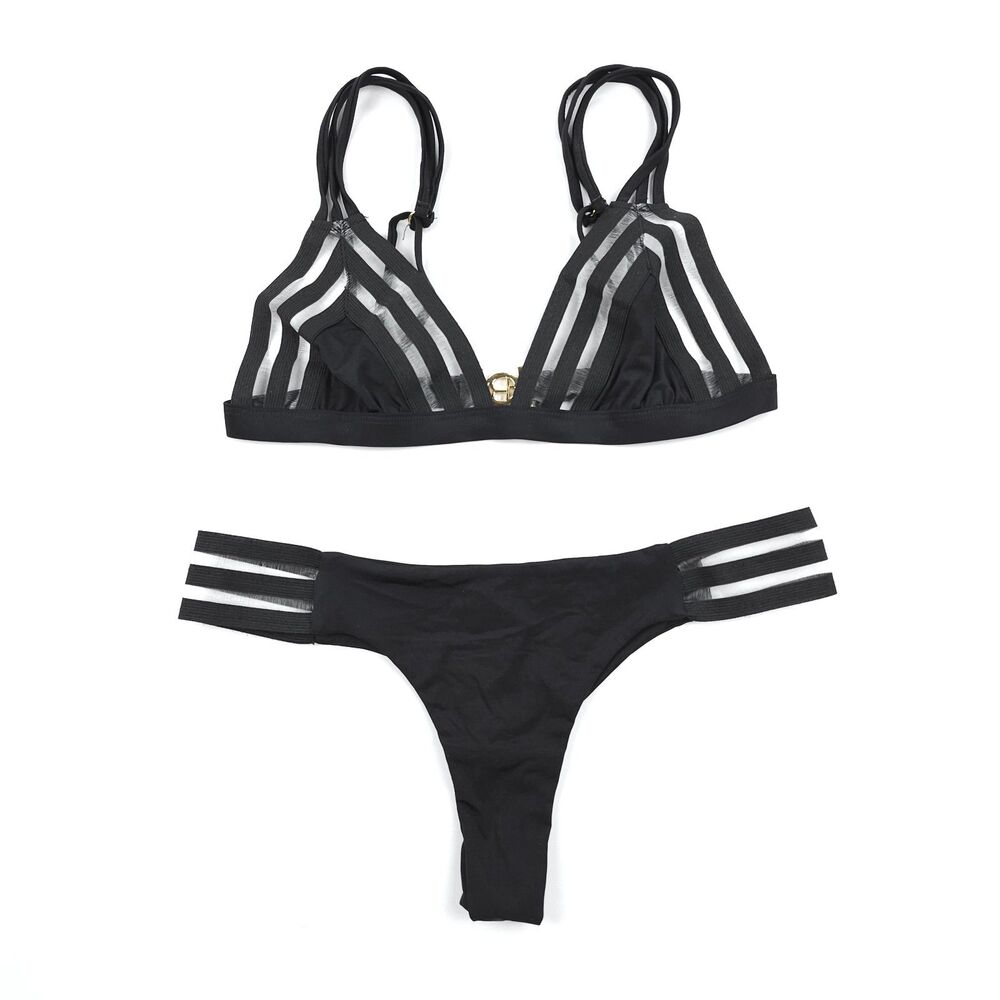 BEACH BUNNY Sheer Addiction Triangle Top and Tango Bottom Matching Set Black